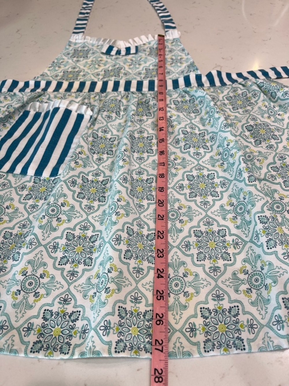 Daisy Fuentes Teal Medallion Print Ruffle Bib Full Apron Striped Trim - Picture 7 of 8
